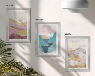 Lot de 3 tableaux Paysages abstraits avec montagnes et soleil