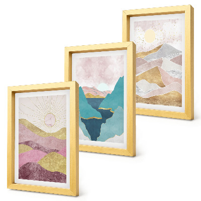 Lot de 3 tableaux Paysages abstraits avec montagnes et soleil