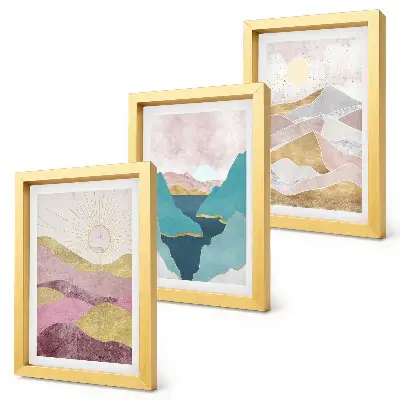 Lot de 3 tableaux représentant des paysages abstraits avec montagnes et soleil