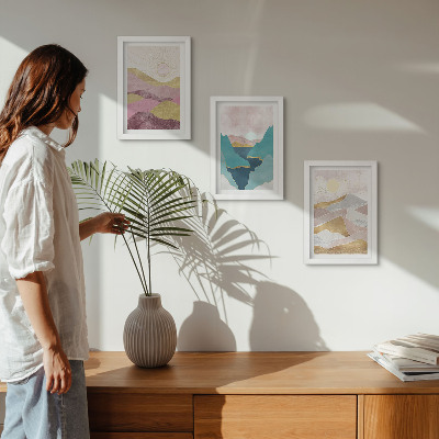 Lot de 3 tableaux Paysages abstraits avec montagnes et soleil