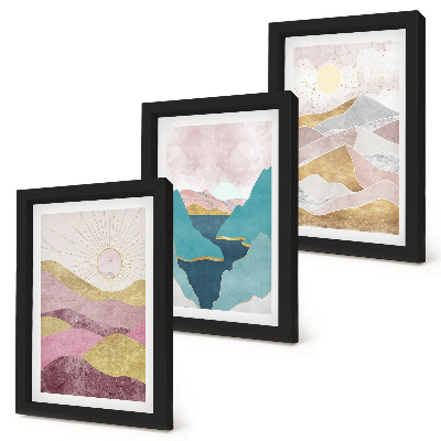 Lot de 3 tableaux Paysages abstraits avec montagnes et soleil