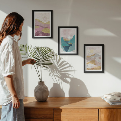 Lot de 3 tableaux Paysages abstraits avec montagnes et soleil