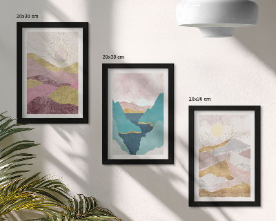 Lot de 3 tableaux Paysages abstraits avec montagnes et soleil