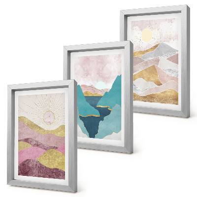 Lot de 3 tableaux Paysages abstraits avec montagnes et soleil