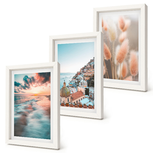 Ensemble de 3 tableaux Coucher de soleil sur la mer, maisons colorées, fleurs