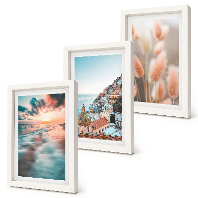 Ensemble de 3 tableaux Coucher de soleil sur la mer, maisons colorées, fleurs