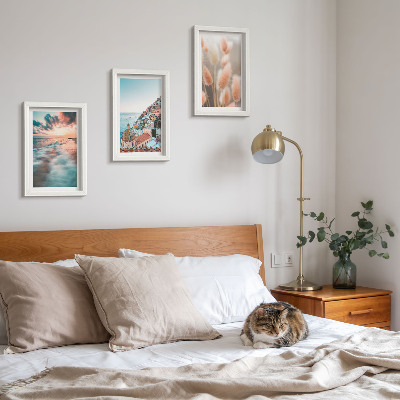 Ensemble de 3 tableaux Coucher de soleil sur la mer, maisons colorées, fleurs
