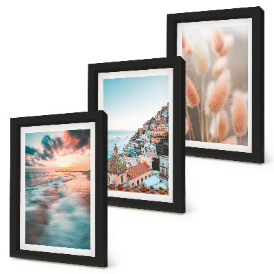Ensemble de 3 tableaux Coucher de soleil sur la mer, maisons colorées, fleurs