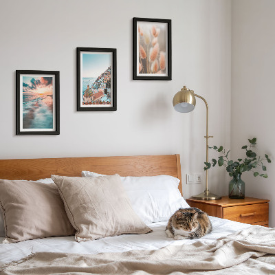 Ensemble de 3 tableaux Coucher de soleil sur la mer, maisons colorées, fleurs