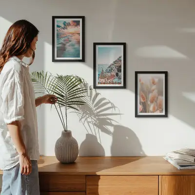 Ensemble de 3 tableaux représentant un coucher de soleil sur la mer avec des maisons colorées et des fleurs