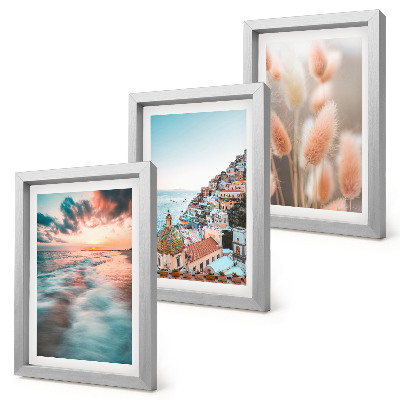 Ensemble de 3 tableaux Coucher de soleil sur la mer, maisons colorées, fleurs