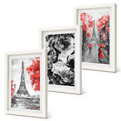 Lot de 3 tableaux Tableaux gris de la Tour Eiffel avec des touches de rouge