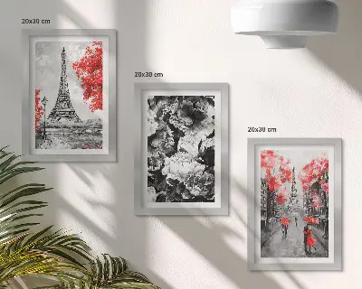 Lot de 3 tableaux représentant la tour Eiffel en gris avec des touches de rouge