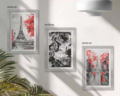 Lot de 3 tableaux Tableaux gris de la Tour Eiffel avec des touches de rouge