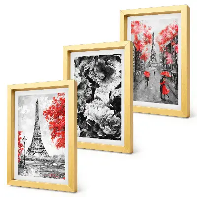 Lot de 3 tableaux représentant la tour Eiffel en gris avec des touches de rouge