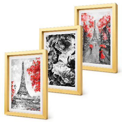 Lot de 3 tableaux Tableaux gris de la Tour Eiffel avec des touches de rouge