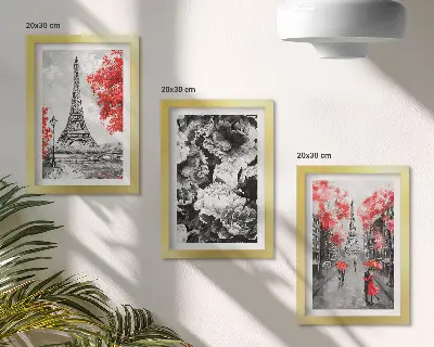 Lot de 3 tableaux représentant la tour Eiffel en gris avec des touches de rouge