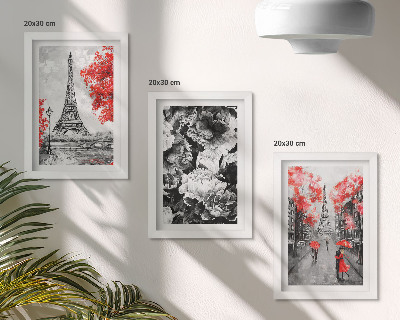 Lot de 3 tableaux Tableaux gris de la Tour Eiffel avec des touches de rouge