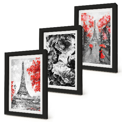 Lot de 3 tableaux Tableaux gris de la Tour Eiffel avec des touches de rouge