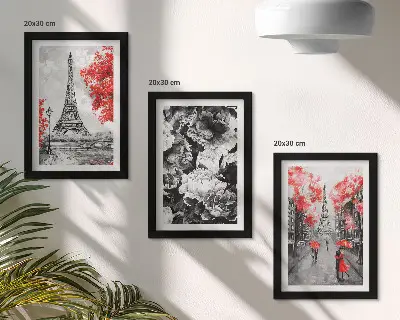 Lot de 3 tableaux représentant la tour Eiffel en gris avec des touches de rouge