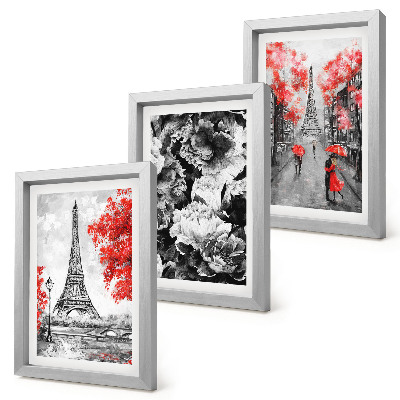 Lot de 3 tableaux Tableaux gris de la Tour Eiffel avec des touches de rouge