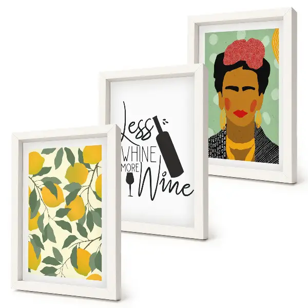 Ensemble de 3 tableaux slogan sur le vin et portrait de Frida Kahlo