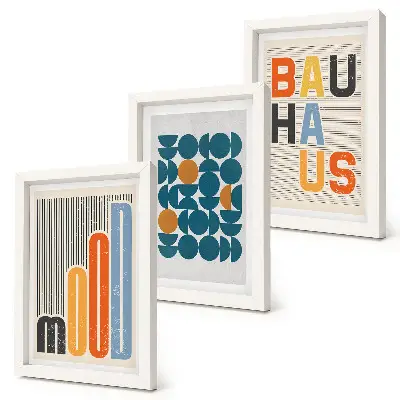 Mur de cadres avec affiches à motifs géométriques style Bauhaus