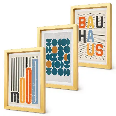 Mur de cadres avec affiches à motifs géométriques style Bauhaus