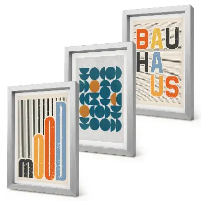 Mur de cadres avec affiches à motifs géométriques style Bauhaus