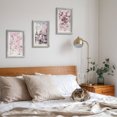 Ensemble de 3 tableaux Paysage romantique de fleurs aux nuances de rose
