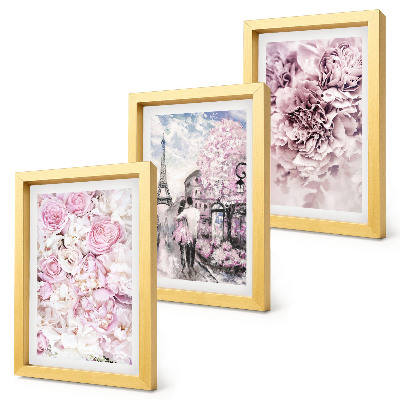 Ensemble de 3 tableaux Paysage romantique de fleurs aux nuances de rose