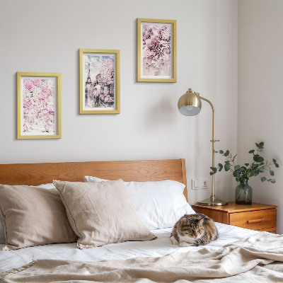 Ensemble de 3 tableaux Paysage romantique de fleurs aux nuances de rose