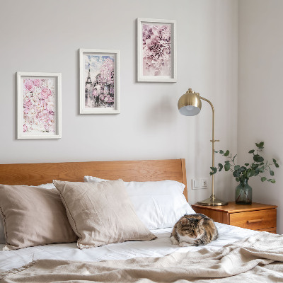 Ensemble de 3 tableaux Paysage romantique de fleurs aux nuances de rose
