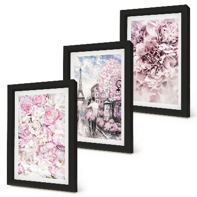 Ensemble de 3 tableaux Paysage romantique de fleurs aux nuances de rose