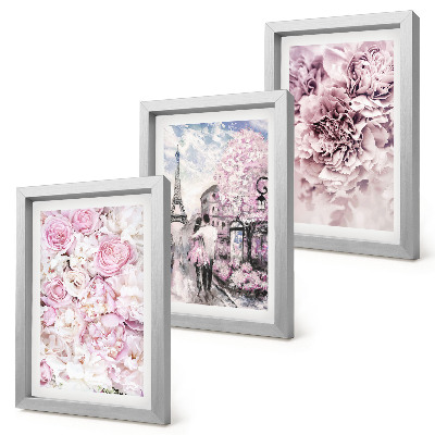 Ensemble de 3 tableaux Paysage romantique de fleurs aux nuances de rose