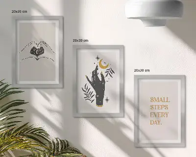 Mur de cadres avec illustrations minimalistes au style bohème