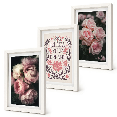 Ensemble de 3 tableaux Des roses anciennes avec une inscription sur les rêves