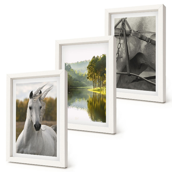 Lot de 3 tableaux Chevaux blancs au bord de la rivière, paysage naturel