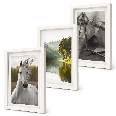 Lot de 3 tableaux Chevaux blancs au bord de la rivière, paysage naturel