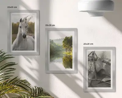 Lot de 3 tableaux représentant des chevaux blancs au bord d'une rivière dans un paysage naturel