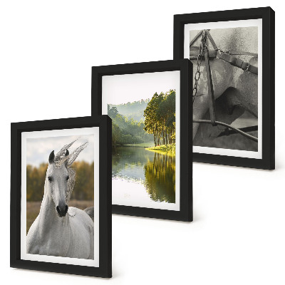 Lot de 3 tableaux Chevaux blancs au bord de la rivière, paysage naturel