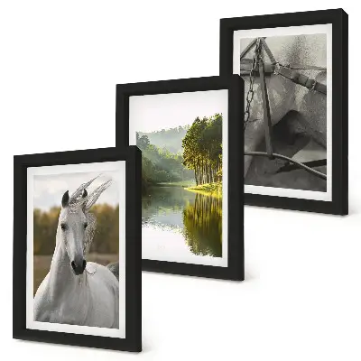 Lot de 3 tableaux représentant des chevaux blancs au bord d'une rivière dans un paysage naturel