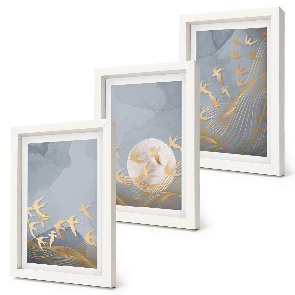 Ensemble de 3 tableaux Oiseaux en vol sur fond de ciel et de lune