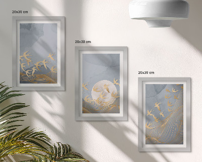 Ensemble de 3 tableaux Oiseaux en vol sur fond de ciel et de lune