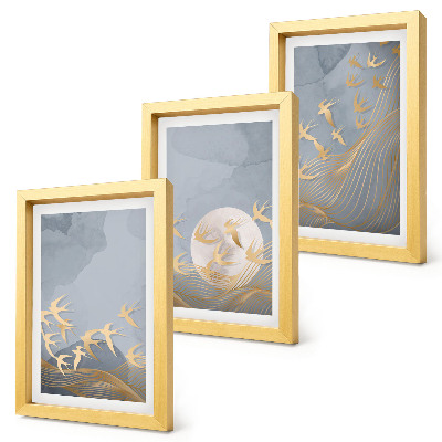 Ensemble de 3 tableaux Oiseaux en vol sur fond de ciel et de lune