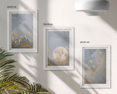 Ensemble de 3 tableaux Oiseaux en vol sur fond de ciel et de lune