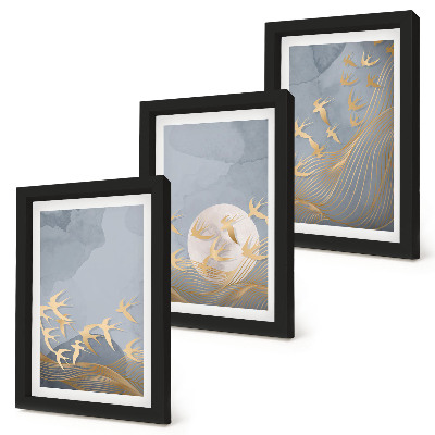 Ensemble de 3 tableaux Oiseaux en vol sur fond de ciel et de lune