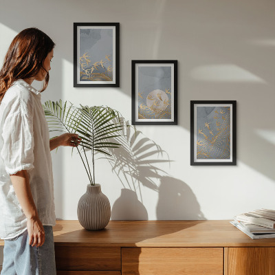 Ensemble de 3 tableaux Oiseaux en vol sur fond de ciel et de lune