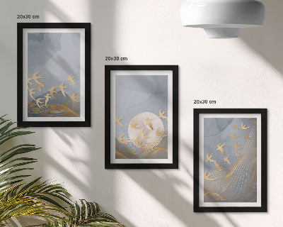Ensemble de 3 tableaux Oiseaux en vol sur fond de ciel et de lune