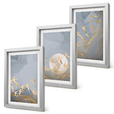 Ensemble de 3 tableaux Oiseaux en vol sur fond de ciel et de lune